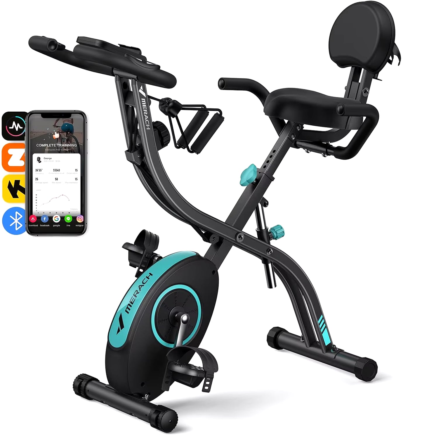 MERACH Folding Exercise Bike, 4 in 1 Magnetic Stationary Bike for Home with 16-Level Resistance, Exclusive APP, 300LB Capacity